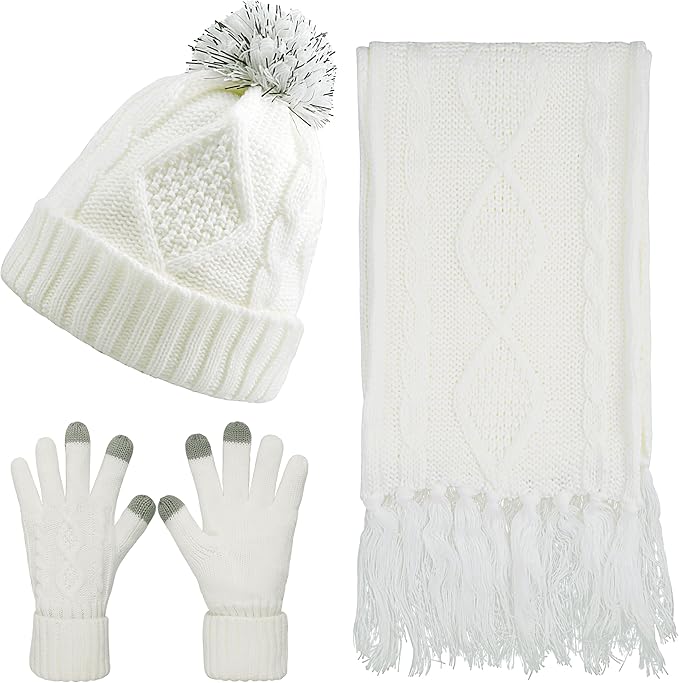 Winter Hat Gloves Scarf Set for Women, Cable Knit Beanie Pom Cap Touch Screen Glove Long Scarf 3PCS Winter Gift for Women Men