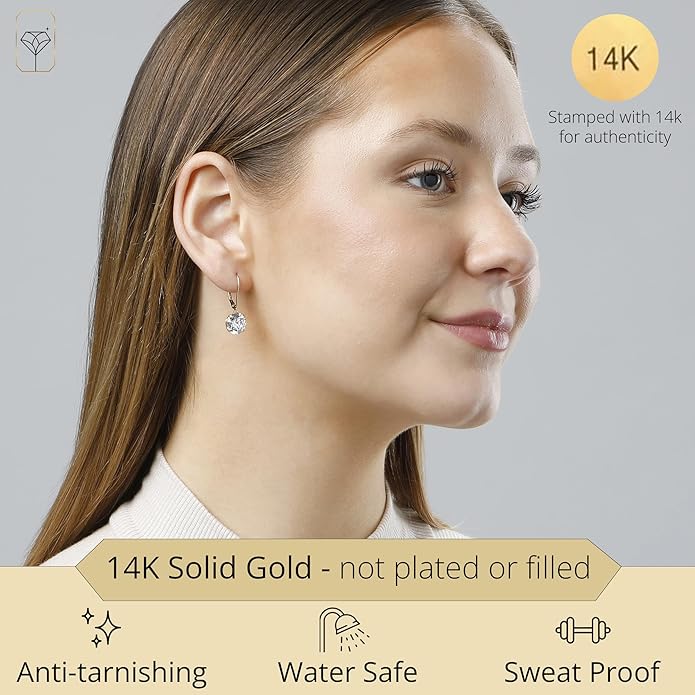 14k Gold Leverback Cubic Zirconia Dangle Earrings | Solid Real White or Yellow Gold Dangle Earrings for Women | 1-8 CT.TW 14k Gold Earrings for Women | CZ Cubic Zirconia Drop Earrings by MAX + STONE
