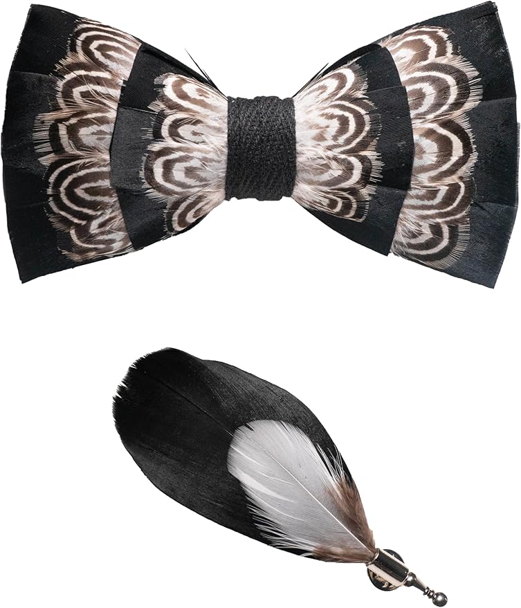RBOCOTT Handmade Feather Pre-tied Bow tie and Brooch Sets for Men