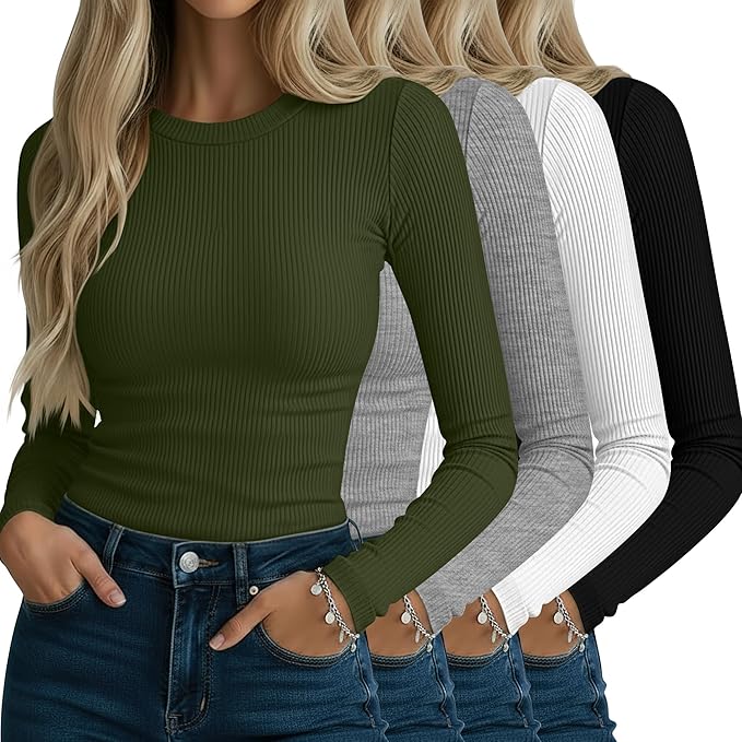 Neer 4 Pack Women's Ribbed Long Sleeve Shirts, Cotton Crew Neck Slim Fit Tops Stretch Knit Casual Base Layer Basic Tee Shirts