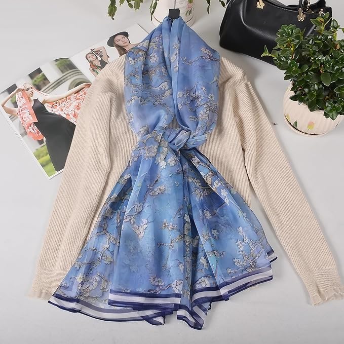 100% Mulberry Silk Women's Neck Silk Scarf-Lightweight Shawl,FLoral Print Beach Silk Wrap-Scarves for Photography