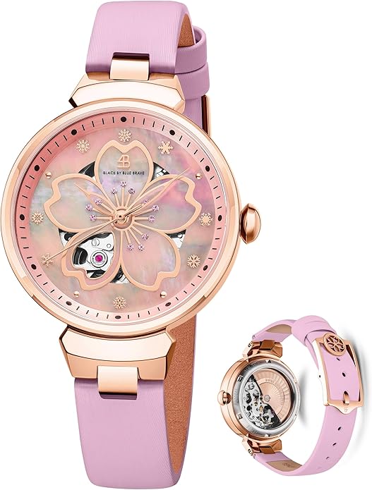 Women Watches Cherry Blossom Women's Watch Mother of Pearl Dial Ladies Watch with Leather Strap Sakura Petal Shape Cherry Blossom Watches for Women Sapphire Crystal Glass for Durability and Clarity