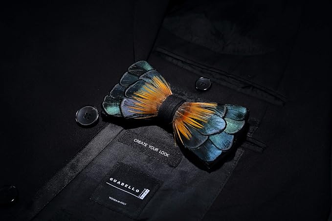 RBOCOTT Handmade Feather Pre-tied Bow tie and Brooch Sets for Men