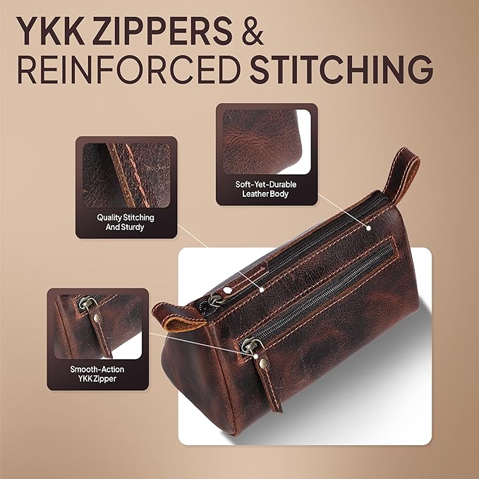 Brown Leather Cosmetic Bags for Women Travel Cosmetic Cases - Multipurpose Zippered Makeup Bag, Small leather Cosmetic Case for Purse - Genuine Leather Makeup Bag Handmade Makeup Pouch