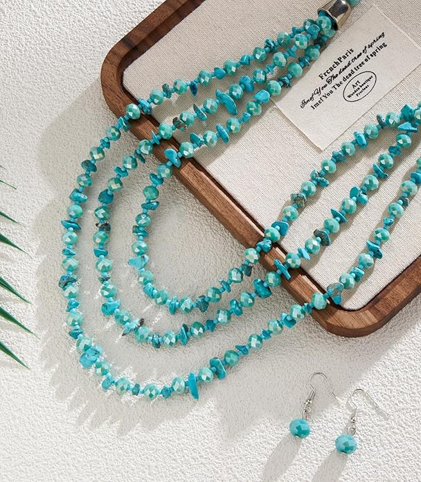 Layered Beaded Statement Necklace Multi Strand Crystal Beads Collar Necklace and Earring Sets for Women Fashion Costume Jewelry Set Gifts for Her