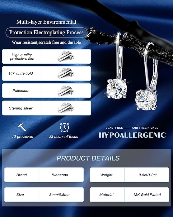 Moissanite Earrings,1.0ct-2.0ct D Color Brilliant Round Cut Earring 18K White Gold Plated Sterling Silver Dangle Earrings Moissanite Leverback Drop Earring s