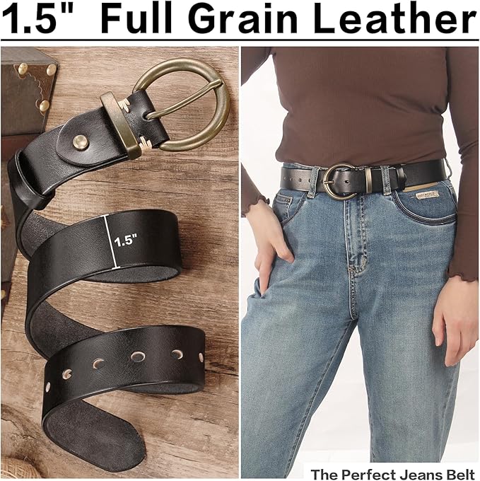 Women's 1.5 inch Leather Belt with Large Brass Buckle - Trendy Vintage Style for Jeans and Pants