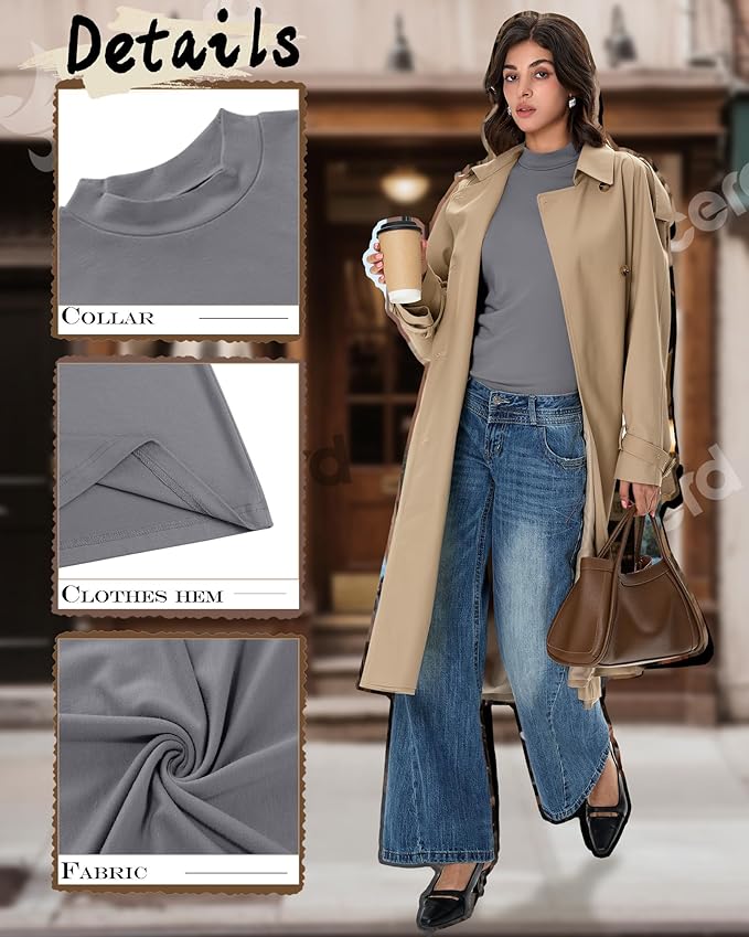 Ficerd 3 Pack Women's Mock Turtleneck Shirts, Long Sleeve Mock Neck Pullover Tops Slim Fitted Stretch Undershirt Tee Blouse
