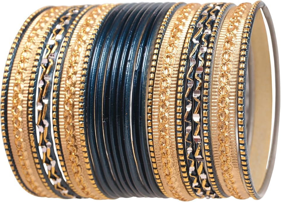 Touchstone Indian Metal Bangles for Women Gold Alloy Bracelets desi 2 Dozen Bangle Collection Bollywood Women's Jewelry Set Multi Stacking Wide Chunky Textured Golden Set of 24 in Gold or White Tone