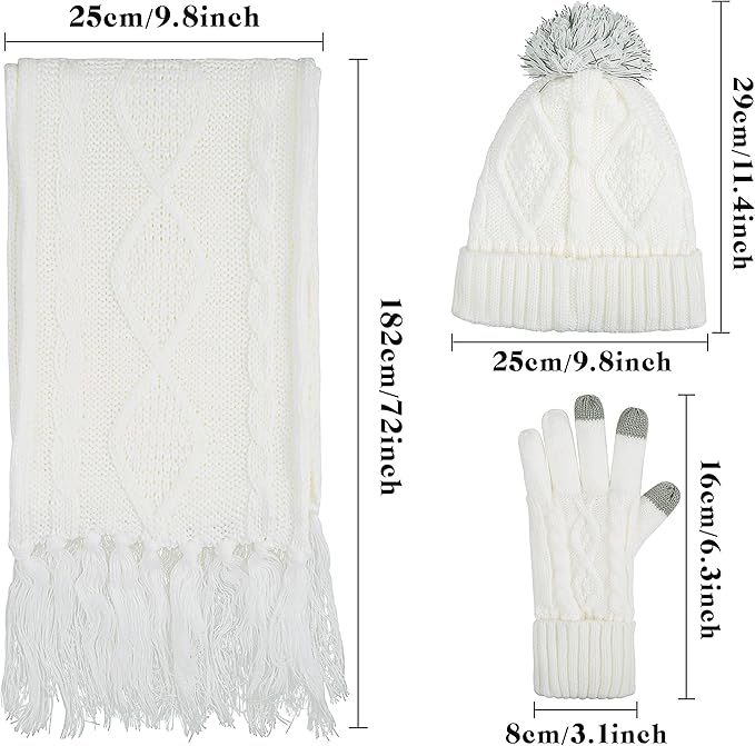 Winter Hat Gloves Scarf Set for Women, Cable Knit Beanie Pom Cap Touch Screen Glove Long Scarf 3PCS Winter Gift for Women Men