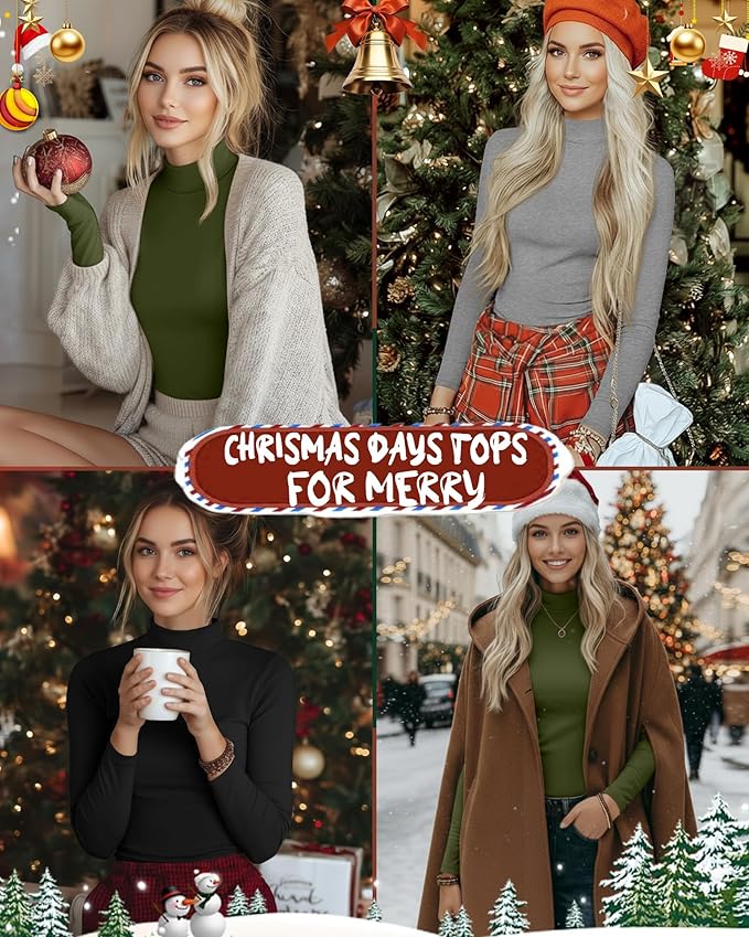 Ficerd 3 Pack Women's Mock Turtleneck Shirts, Long Sleeve Mock Neck Pullover Tops Slim Fitted Stretch Undershirt Tee Blouse