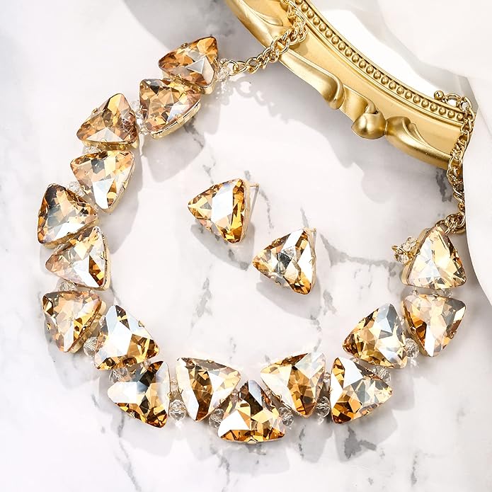 BriLove Art Deco Sparkly Triangle Statement Necklace Earrings Set for Women