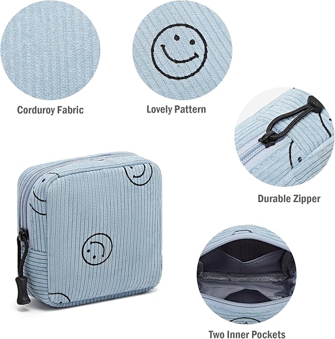 Small Makeup Bag for Purse,Mini Cosmetics Bag cute Zipper corduroy Cosmetic Pouch Storage Pouch Travel Toiletry Organizer for Women Girls(Smiley Face,Blue)
