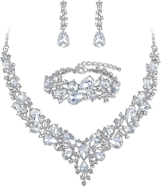 BriLove Wedding Bridal Jewelery for Women Austrian Crystal Teardrop Cluster Statement Necklace Dangle Earrings Link Bracelet Set