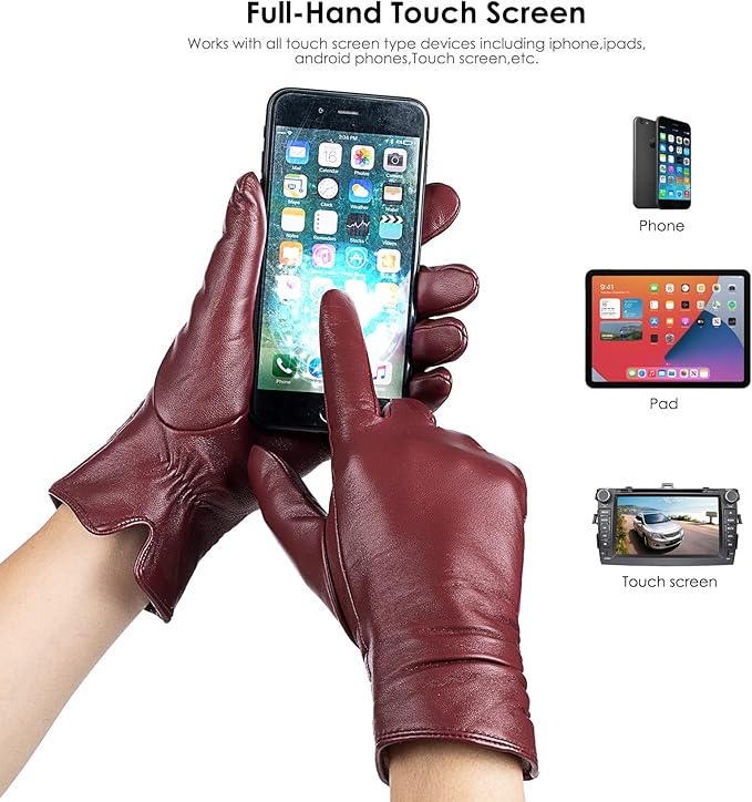 Dsane Womens Winter Leather Touchscreen Texting Warm Driving Lambskin Pure Genuine leather Gloves
