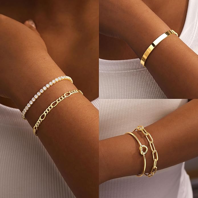 Gold Bracelets Set for Women Non Tarnish, 14K Gold Plated Sterling Silver Chunky Cuff Bracelet Stackable Gold Bangles Bracelet for Women Trendy Fashion Accessories Tie Knot Cuban Rope Paperclip Beaded Bracelet Stack Jewelry Valentines Day Gifts