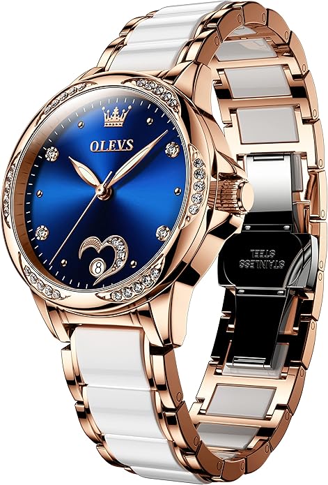 OLEVS Womens Automatic Watch, Premium Large Face Diamond Accented Self Winding Watches for Women, Fashion Waterproof Ladies Dress Watch, Two Tone Stainless Steel Ceramic Bracelet