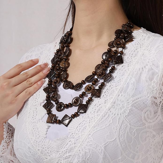 MILAKOO Wood Beads Necklace & Earrings for Women Chunky Multi-Layering Choker Necklace Ear Pendant