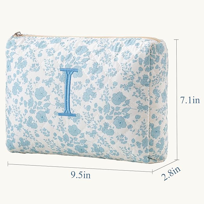 HBselect Initial Quilted Makeup Bag, Cotton Large Travel Makeup Bag, Cute Floral Coquette Make up Bag Cosmetic Bag Toiletry Bag for Women Girls I