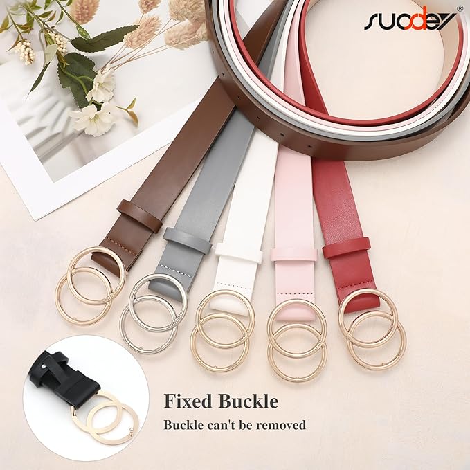 SUOSDEY Women Leather Belt Fashion Double O-Ring Soft Faux Leather Waist Belts For Jeans Dress