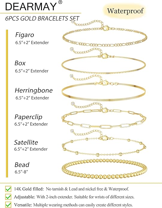 DEARMAY Gold Bracelets for Women Waterproof, 14K Gold Plated Jewelry Sets Trendy Thin Dainty Stackable Cuban Link Paperclip Chain Bracelet Pack Fashion Accessories Gifts for Womens