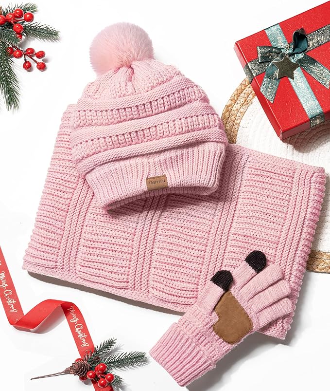 Remifa Winter Beanie Hat Scarf Gloves Set for Women, Slouchy Pom Pom Hat Long Knit Scarf Touchscreen Gloves Christmas Gifts