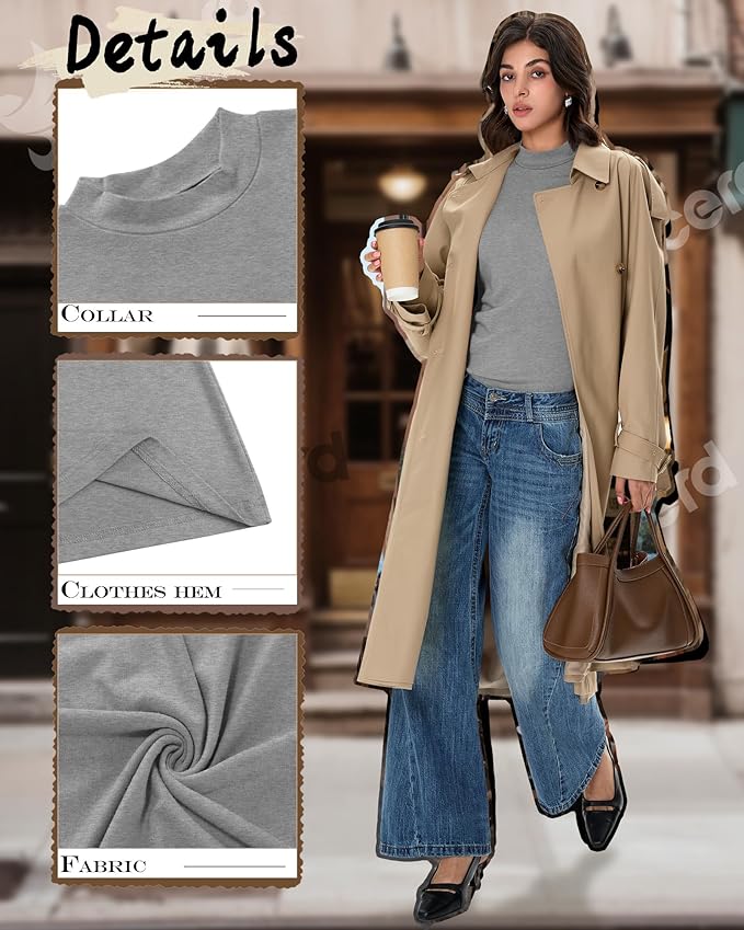 Ficerd 3 Pack Women's Mock Turtleneck Shirts, Long Sleeve Mock Neck Pullover Tops Slim Fitted Stretch Undershirt Tee Blouse