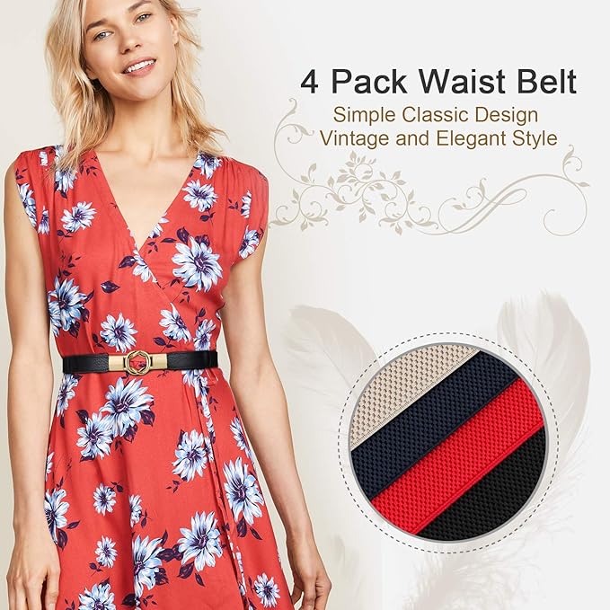 WERFORU Women Skinny Belt for Dresses Retro Stretch Waist Belt with Gold Buckle Set of 4