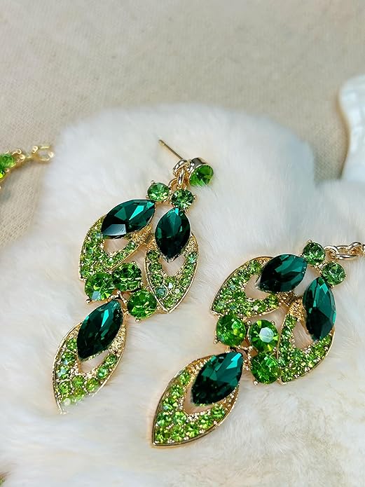 Women Jewelry Set Rhinestone Crystal Green Bride Statement Choker Necklace Teardrop Cluster Dangle Earrings Set for Wedding Party