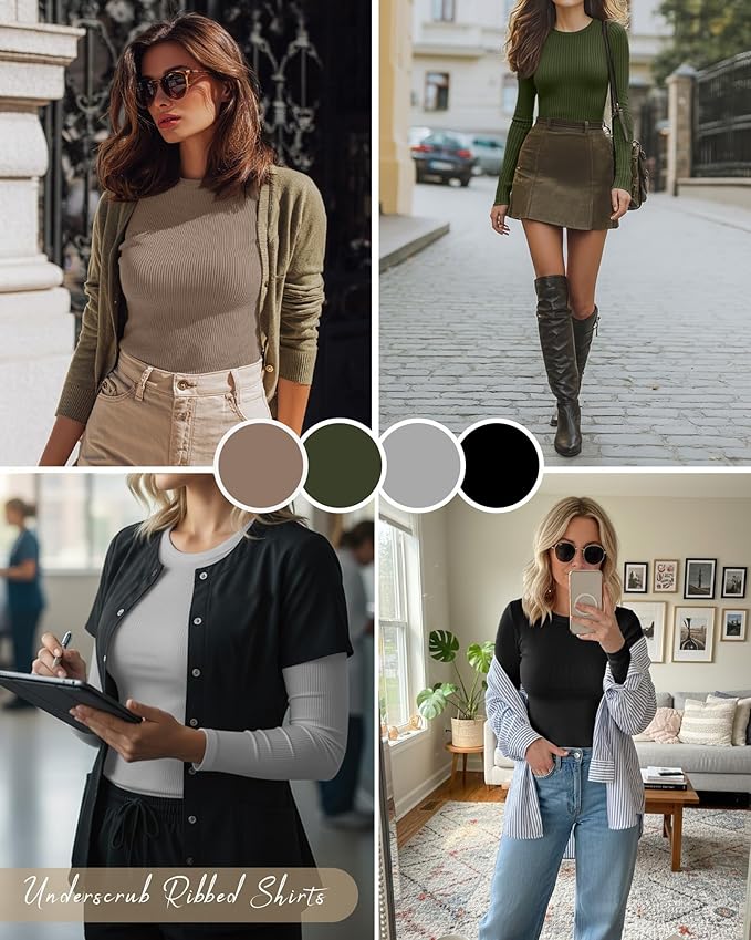 Neer 4 Pack Women's Ribbed Long Sleeve Shirts, Cotton Crew Neck Slim Fit Tops Stretch Knit Casual Base Layer Basic Tee Shirts