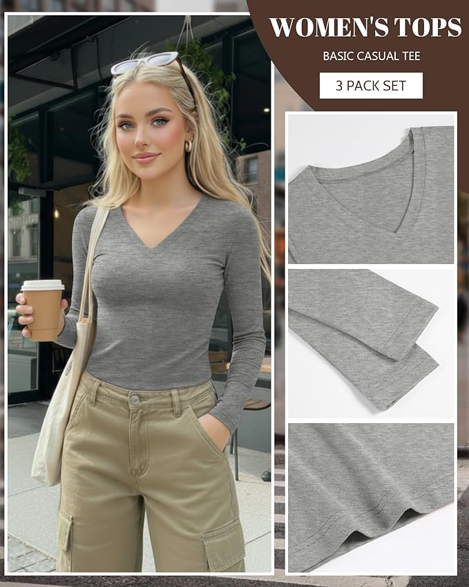Ficerd 3 Pack Women's Long Sleeve Shirts, V Neck Basic Tees Slim Fitted Casual Fall Tops Going Out Blouses T Shirts