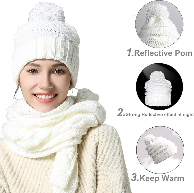 Winter Hat Gloves Scarf Set for Women, Cable Knit Beanie Pom Cap Touch Screen Glove Long Scarf 3PCS Winter Gift for Women Men