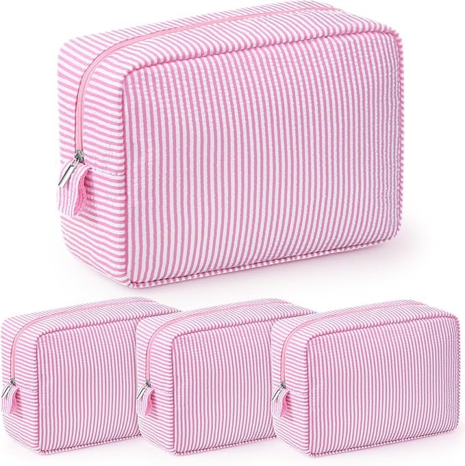 Sanwuta 3 Pcs Seersucker Makeup Bags Seersucker Cosmetic Bags Striped Women Large Travel Toiletry Organizer Preppy Storage Pouch for Embroidery Wedding Bridesmaid Gifts(Light Pink)