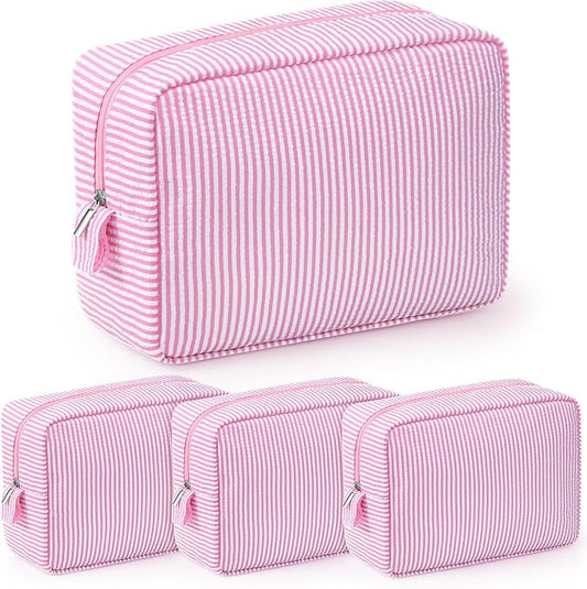 Sanwuta 3 Pcs Seersucker Makeup Bags Seersucker Cosmetic Bags Striped Women Large Travel Toiletry Organizer Preppy Storage Pouch for Embroidery Wedding Bridesmaid Gifts(Light Pink)