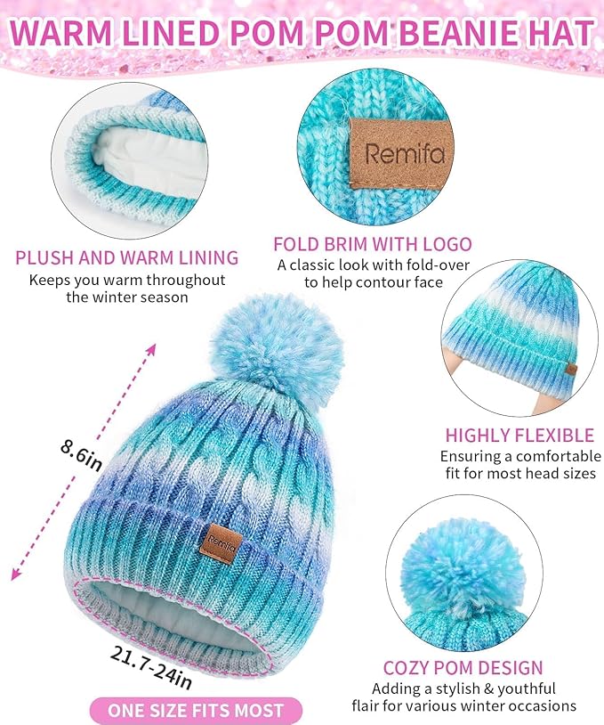 Remifa Winter Hat Scarf Gloves Set for Women Teen Girls, 3 PCS Pom Beanie Skull Cap Knit Scarf Gloves Mittens Valentines Gift
