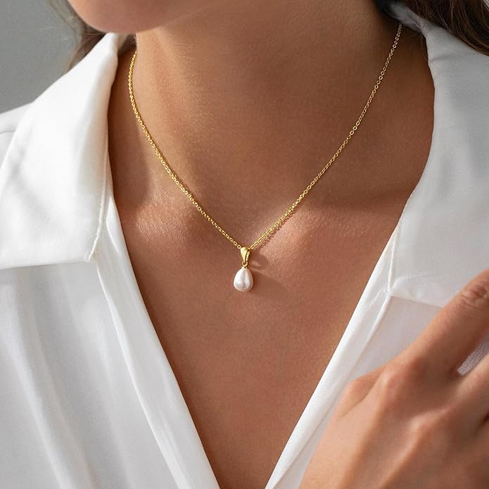 Yoosteel Pearl Necklace for Women - 14K Gold Plated Pearl Pendant Necklaces Minimalist Women Pearls Layered Necklace Dainty Trendy Bridal Bridesmaid Wedding Gifts for Her