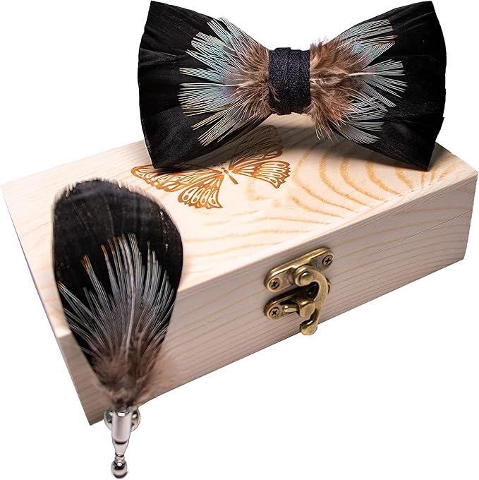 RBOCOTT Handmade Feather Pre-tied Bow tie and Brooch Sets for Men