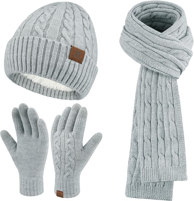 Womens Winter Beanie Hats Long Scarf Touchscreen Gloves Set Warm Knit Skull Caps Gifts for Women