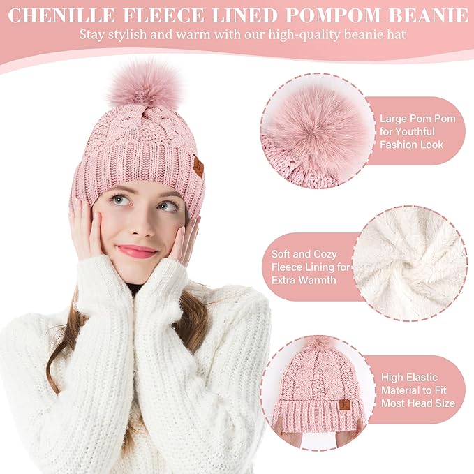 Womens Winter Beanie Hats Scarf Touchscreen Gloves Set Chenille Knit Fleece Lined Beanies Pompom Hat Scarves