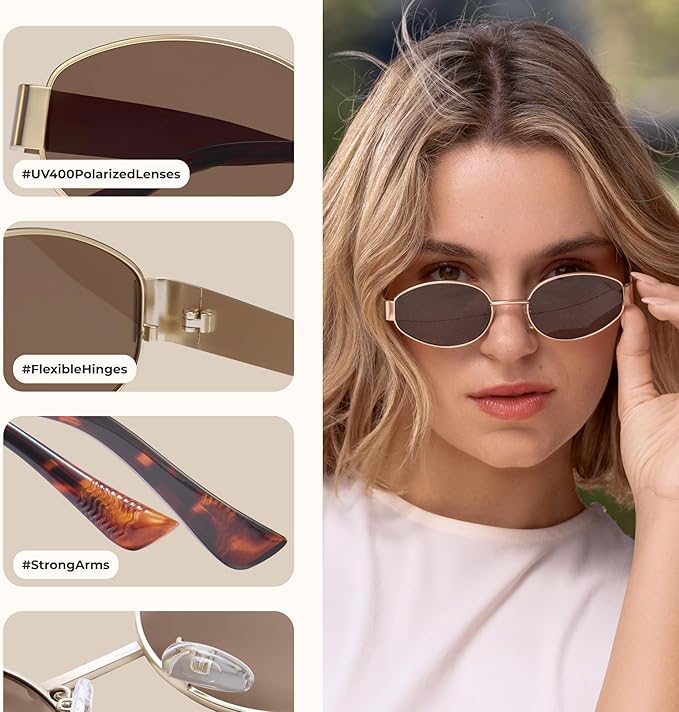 livho Retro Polarized Sunglasses - UV400 Protection, Oval Shape, Metal Frames - Matching Soft Case Inlcuded