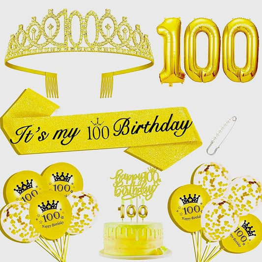 100th Birthday Decorations for Her Girls Set, Include 100th Birthday Crown and 100 Sash, 100th Birthday Cake Topper and 100 Birthday Candles, Gold 100 Balloons, Women 100 Party Supplies(Gold)