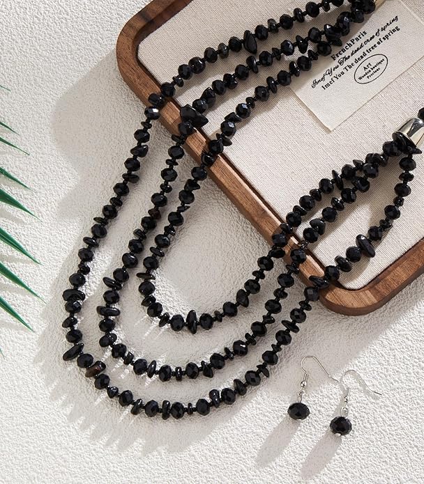 Layered Beaded Statement Necklace Multi Strand Crystal Beads Collar Necklace and Earring Sets for Women Fashion Costume Jewelry Set Gifts for Her