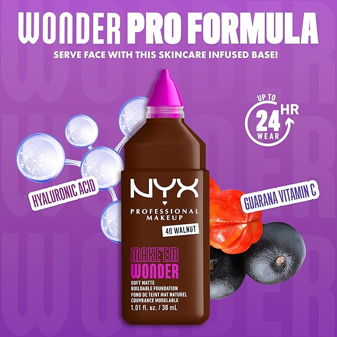 NYX PROFESSIONAL MAKEUP Make 'Em Wonder Liquid Foundation, 24HR Foundation Makeup With A Soft Matte Finish, Buildable Full Coverage - 40 Walnut