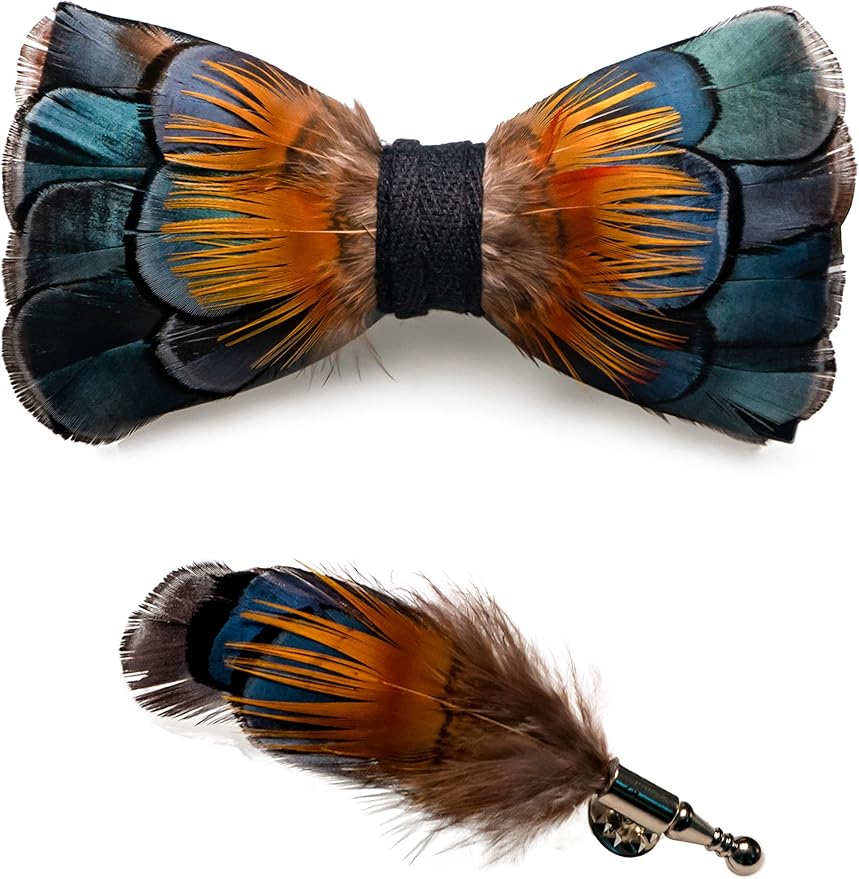 RBOCOTT Handmade Feather Pre-tied Bow tie and Brooch Sets for Men