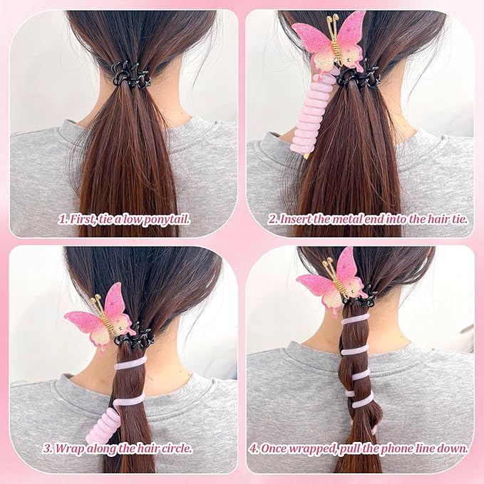 6PC Pearl Butterfly Telephone Wire Hair Ties – Spiral Elastic Bubble Ponytail Hair Bands for Women & Girls, No Damage, Soft & Stretchy Hair Accessories for High Ponytails and Braids (set-F)