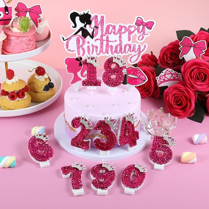 Hot Pink Birthday Candles Crown Number 7 Candle Birthday Party Decorations Cake Topper Cupcake Decor for Anniversary Celebrations Supplies