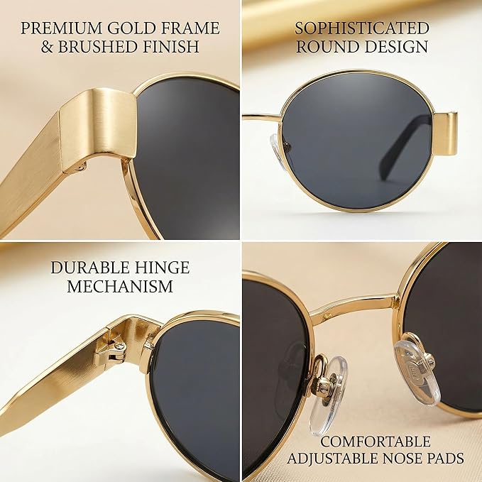 Retro Round Sunglasses for Men Women - Classic Metal Frame Circle Glasses - Vintage Steampunk Style Eyewear (Gold & Silver)