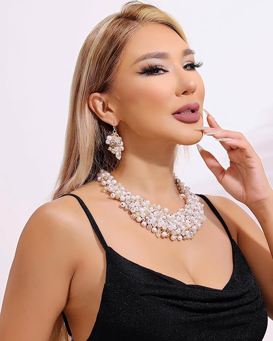 Bocar Fashion Crystal Chunky Collar Statement Necklace Earring Set for Women Gift (NK-10260)