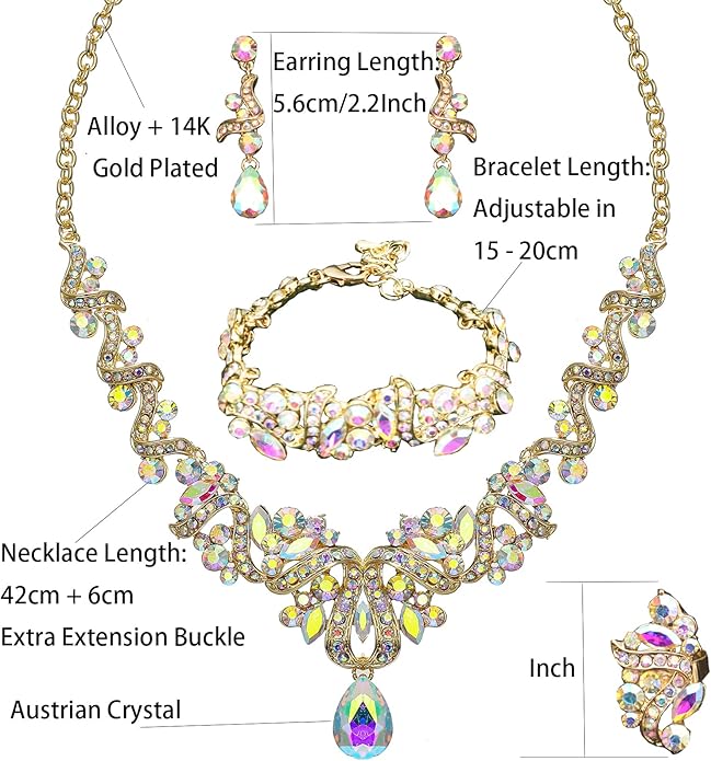 Jewelry Set for Women, Statement Necklace Dangle Earrings Bracelet Ring, White/KC Gold Plated Jewelry Set with Rhinestone Pearl Crystal Wedding Party Jewelry for Bridal Bridesmaid