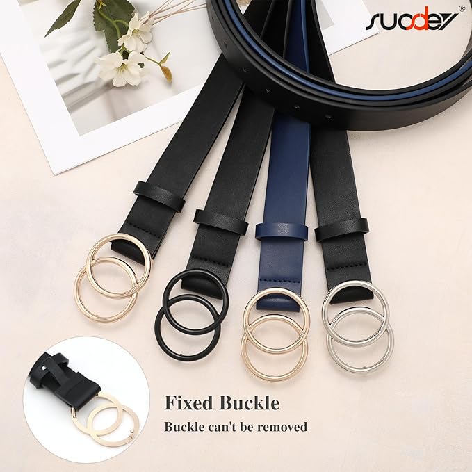 SUOSDEY Women Leather Belt Fashion Double O-Ring Soft Faux Leather Waist Belts For Jeans Dress